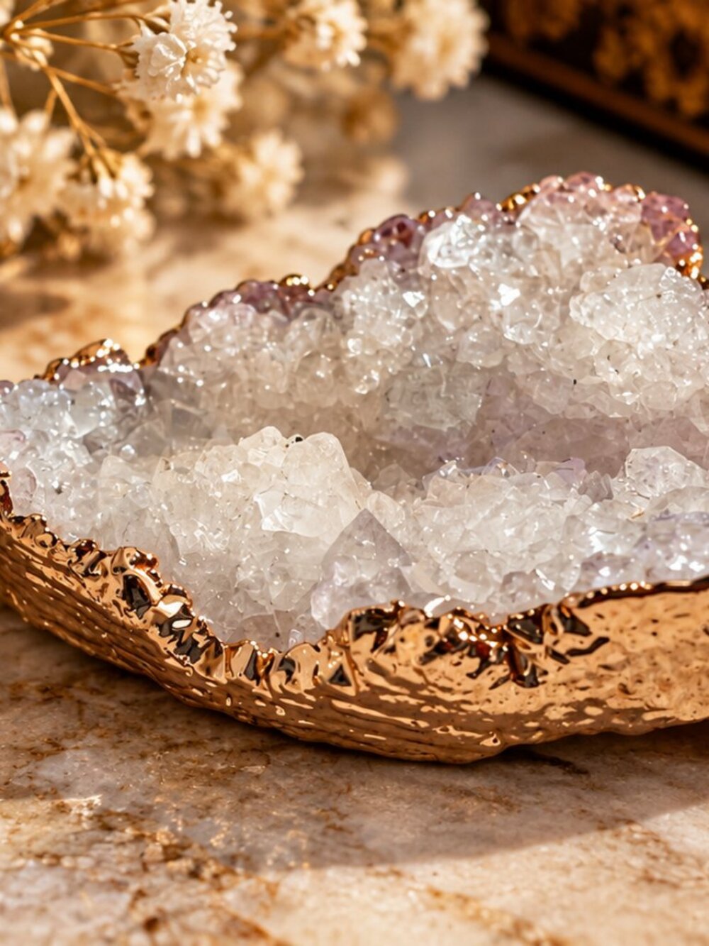 Natural Druzy Quartz Geode Pendant – Gold Tone Raw Crystal Statement Jewelry